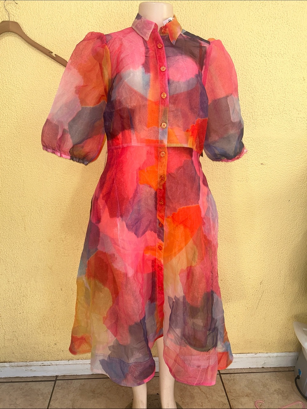 Women's Asymmetrical Sheer Button-Front Dress in Multicolor
